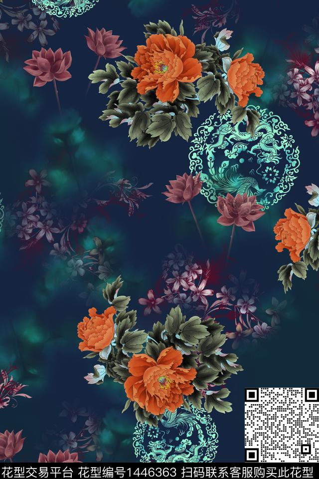 复古香云纱花卉数码印花华亿平台下载（图片编号: 1446363） - 瓦栏（Walan）