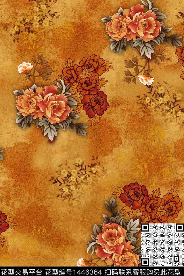 复古香云纱花卉数码印花华亿平台下载（图片编号: 1446364） - 瓦栏（Walan）