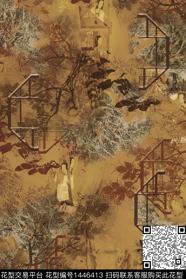 建筑绿植树叶传统纹样数码印花华亿平台下载（图片编号: 1446413） - 瓦栏（Walan）