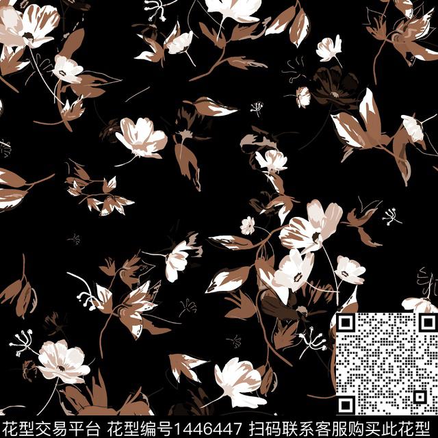 黑底花卉抽象花卉大牌风数码印花华亿平台下载（图片编号: 1446447） - 瓦栏（Walan）