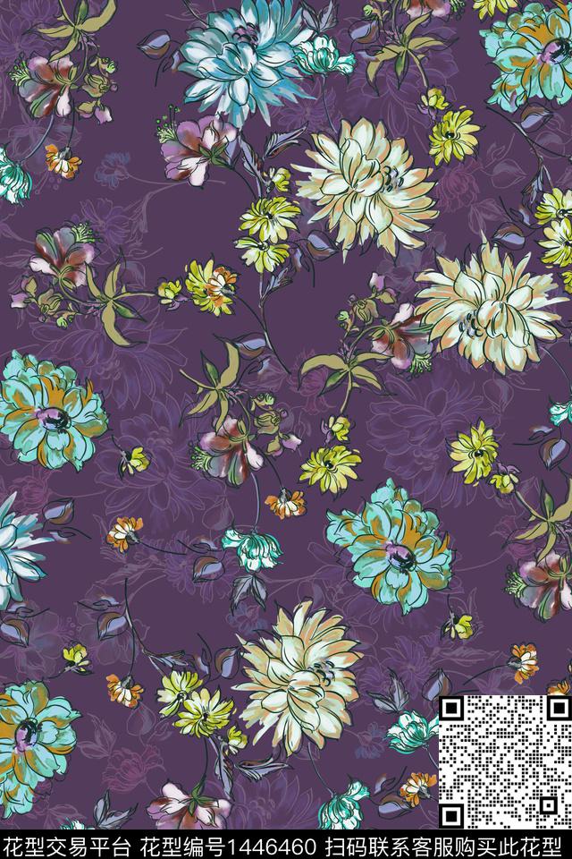 绿植树叶菊花复古数码印花华亿平台下载（图片编号: 1446460） - 瓦栏（Walan）