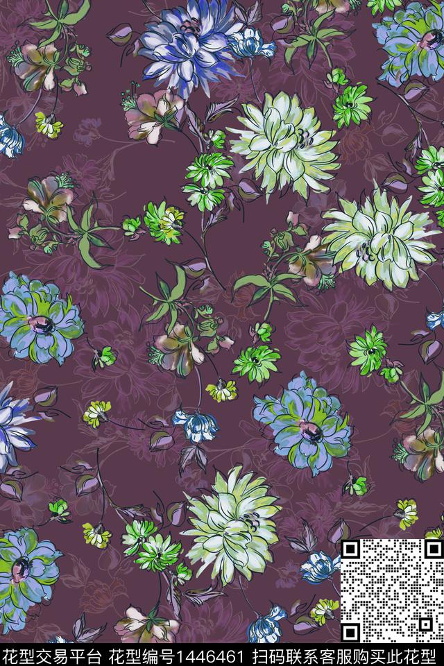 绿植树叶菊花复古数码印花华亿平台下载（图片编号: 1446461） - 瓦栏（Walan）