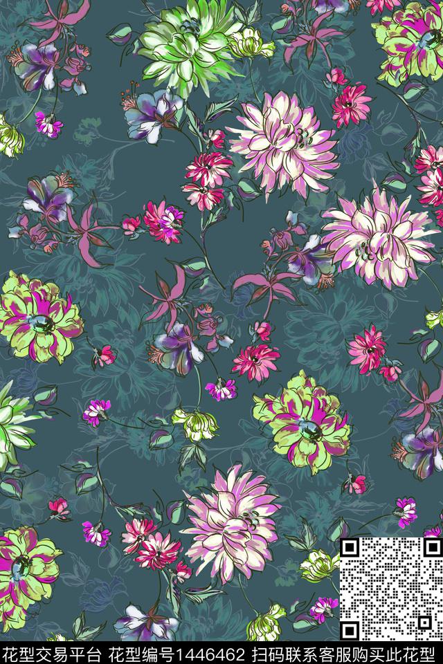 绿植树叶菊花复古数码印花华亿平台下载（图片编号: 1446462） - 瓦栏（Walan）