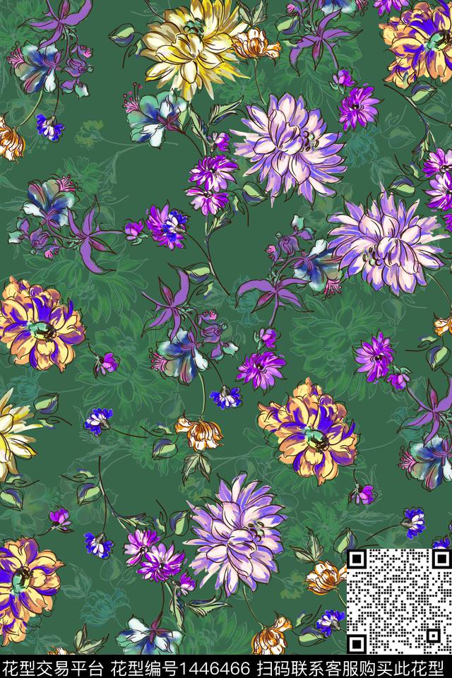 绿植树叶菊花复古数码印花华亿平台下载（图片编号: 1446466） - 瓦栏（Walan）