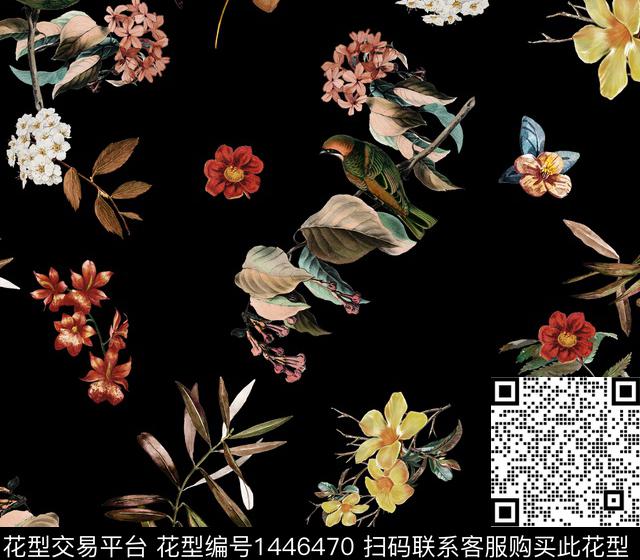 鸟复古花卉数码印花华亿平台下载（图片编号: 1446470） - 瓦栏（Walan）