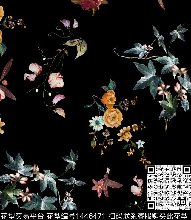 水彩花卉黑底花卉数码印花华亿平台下载（图片编号: 1446471） - 瓦栏（Walan）