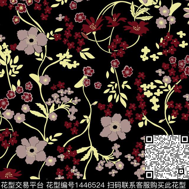 花卉满版散花绿植树叶传统印花华亿平台下载（图片编号: 1446524） - 瓦栏（Walan）