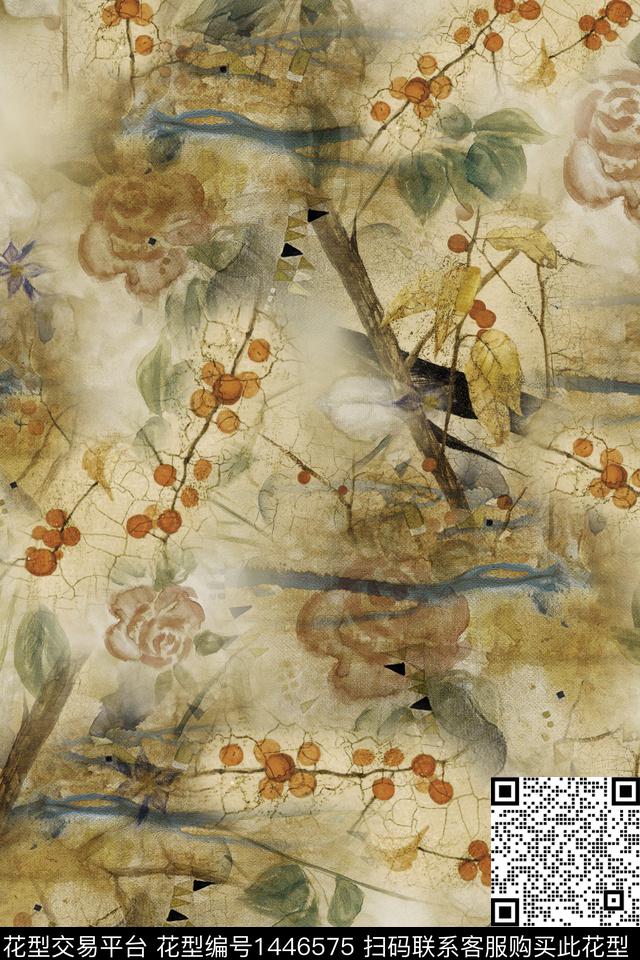 复古花卉香云纱数码印花华亿平台下载（图片编号: 1446575） - 瓦栏（Walan）