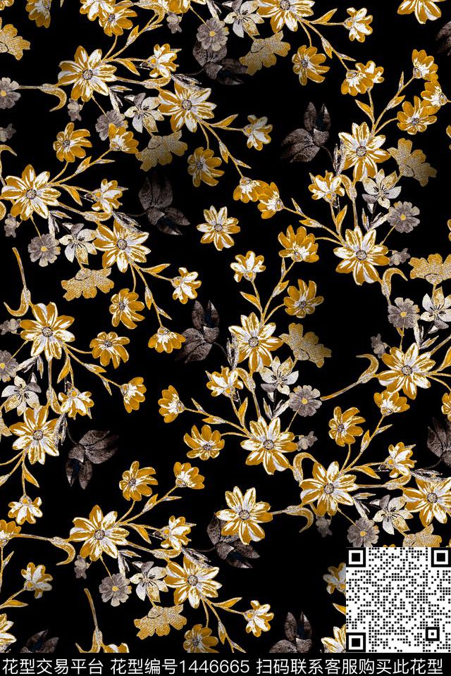 绿植树叶黑底花卉肌理数码印花华亿平台下载（图片编号: 1446665） - 瓦栏（Walan）