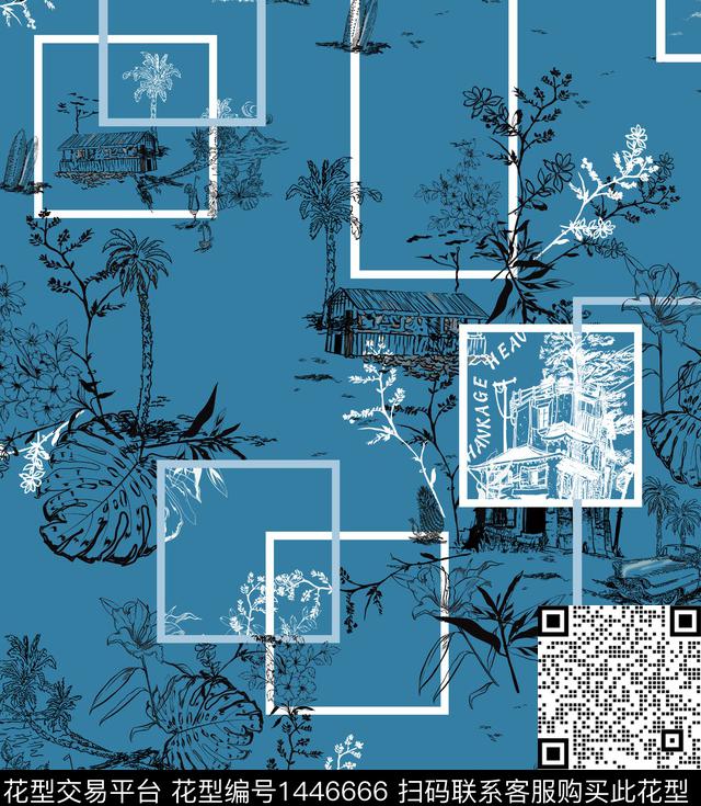 建筑绿植树叶大牌风传统印花华亿平台下载（图片编号: 1446666） - 瓦栏（Walan）