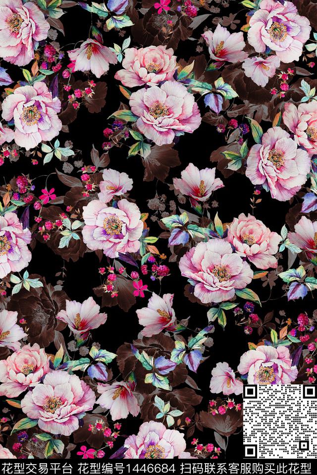 黑底花卉抽象花卉大牌风数码印花华亿平台下载（图片编号: 1446684） - 瓦栏（Walan）