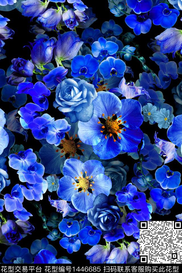 黑底花卉花卉大牌风数码印花华亿平台下载（图片编号: 1446685） - 瓦栏（Walan）