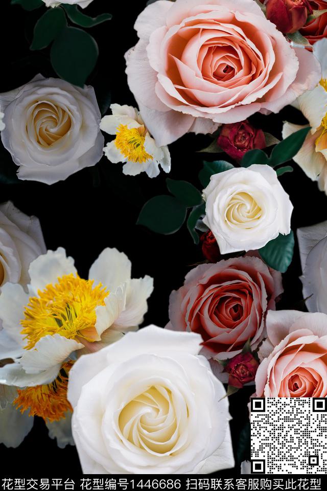 黑底花卉复古花卉数码印花华亿平台下载（图片编号: 1446686） - 瓦栏（Walan）