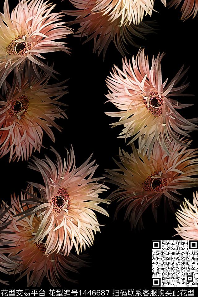 黑底花卉复古花卉数码印花华亿平台下载（图片编号: 1446687） - 瓦栏（Walan）