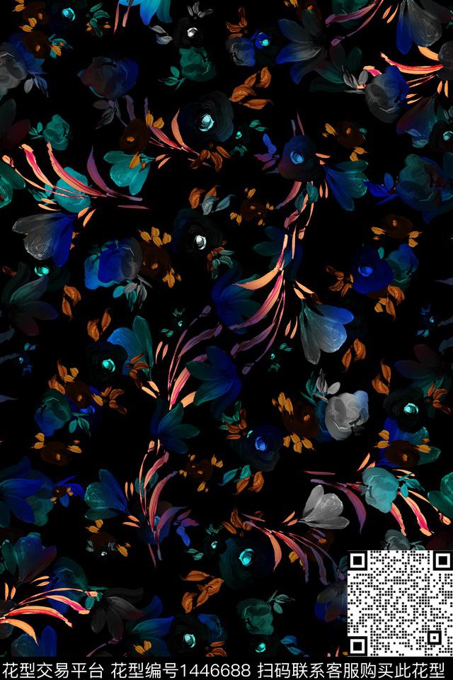 黑底花卉复古花卉数码印花华亿平台下载（图片编号: 1446688） - 瓦栏（Walan）