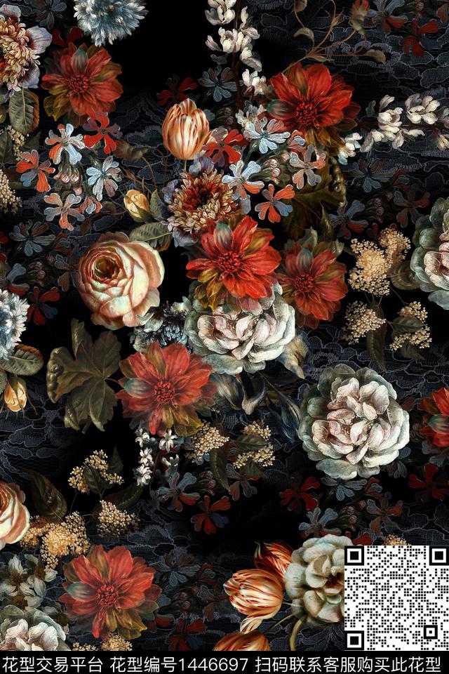 时尚花卉真丝数码印花华亿平台下载（图片编号: 1446697） - 瓦栏（Walan）