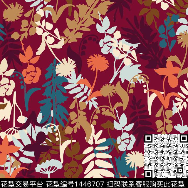 花卉抽象杂草传统印花华亿平台下载（图片编号: 1446707） - 瓦栏（Walan）