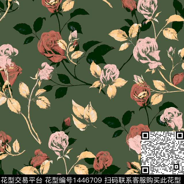 花卉玫瑰花军绿底传统印花华亿平台下载（图片编号: 1446709） - 瓦栏（Walan）