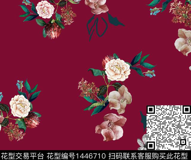 花卉牡丹酒红底数码印花华亿平台下载（图片编号: 1446710） - 瓦栏（Walan）