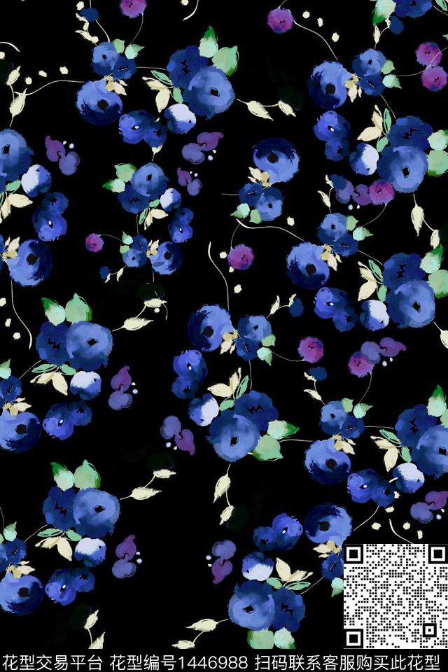 黑底花卉复古花卉数码印花华亿平台下载（图片编号: 1446988） - 瓦栏（Walan）