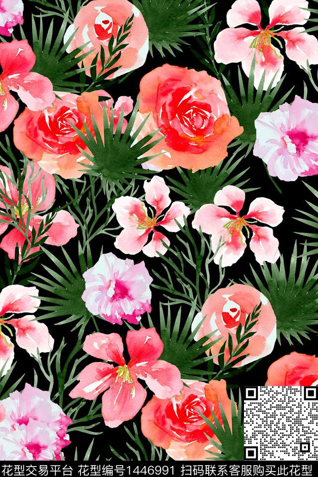 黑底花卉复古花卉数码印花华亿平台下载（图片编号: 1446991） - 瓦栏（Walan）