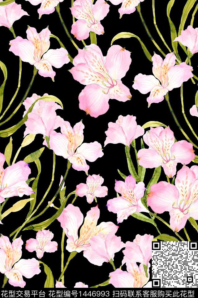 黑底花卉复古花卉数码印花华亿平台下载（图片编号: 1446993） - 瓦栏（Walan）