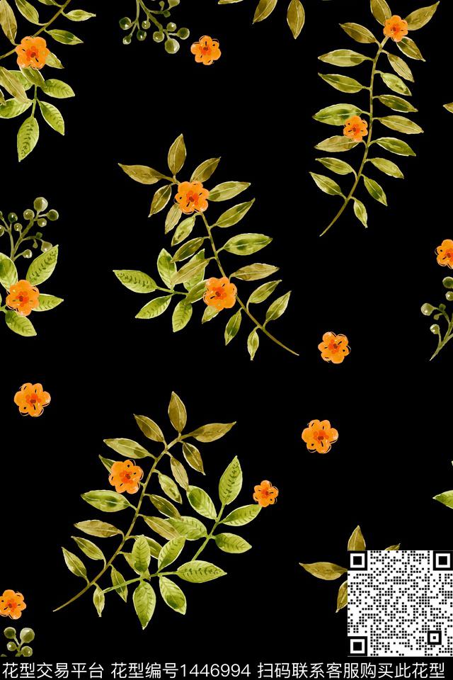 黑底花卉复古花卉数码印花华亿平台下载（图片编号: 1446994） - 瓦栏（Walan）