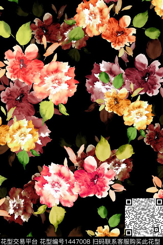 黑底花卉复古花卉数码印花华亿平台下载（图片编号: 1447008） - 瓦栏（Walan）