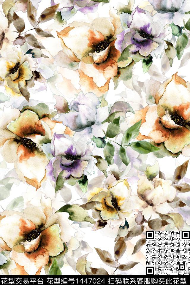 时尚花卉真丝数码印花华亿平台下载（图片编号: 1447024） - 瓦栏（Walan）