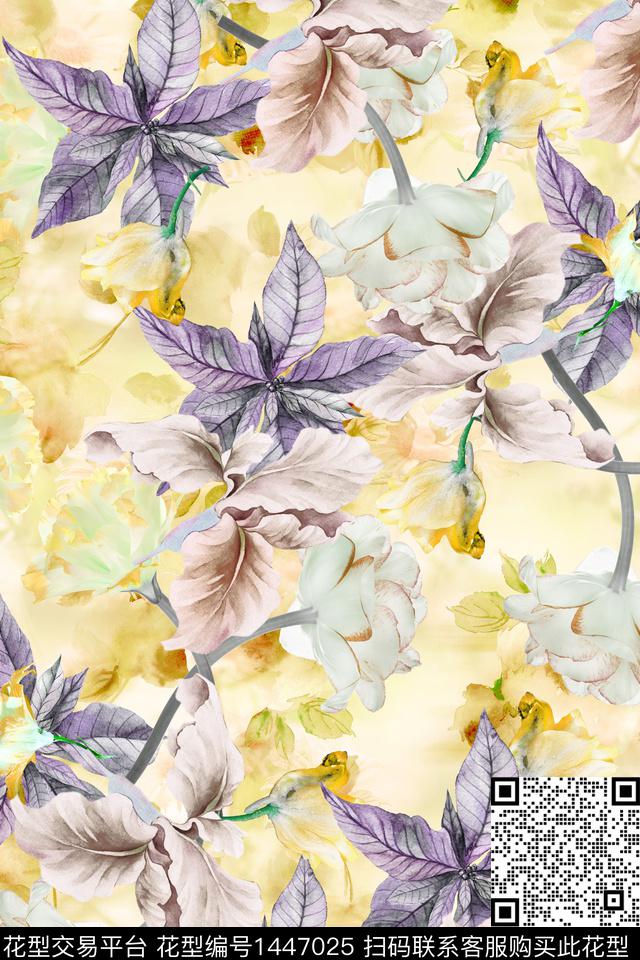 时尚花卉真丝数码印花华亿平台下载（图片编号: 1447025） - 瓦栏（Walan）
