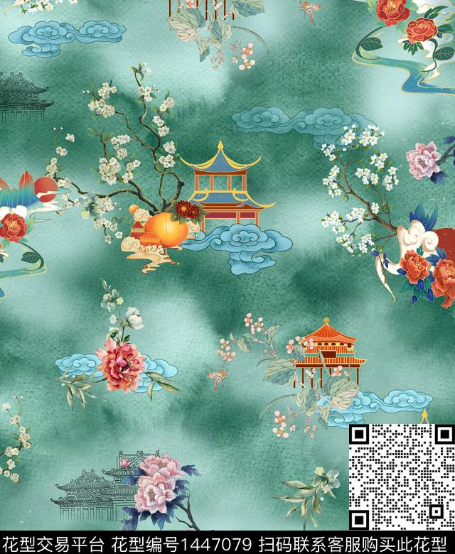 黑底花卉中国风亭子数码印花华亿平台下载（图片编号: 1447079） - 瓦栏（Walan）