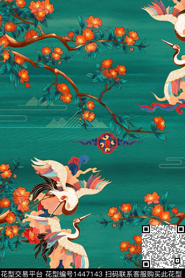 中国风真丝仙鹤数码印花华亿平台下载（图片编号: 1447143） - 瓦栏（Walan）