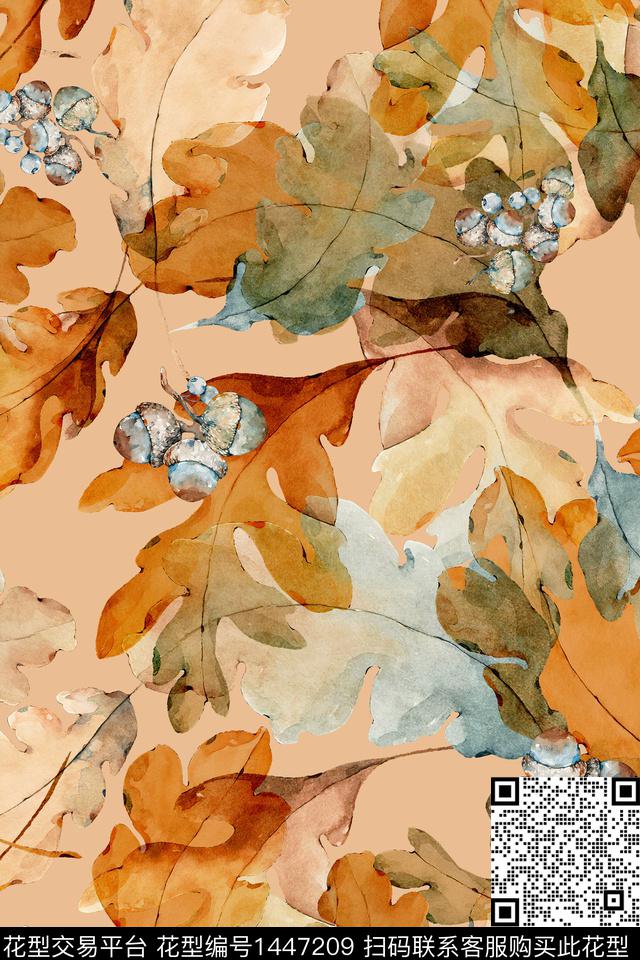 绿植树叶花卉香云纱数码印花华亿平台下载（图片编号: 1447209） - 瓦栏（Walan）