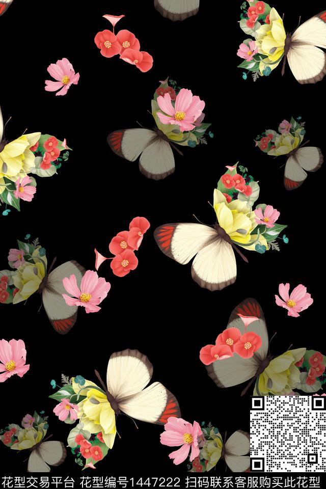 水彩花卉蝴蝶黑底花卉数码印花华亿平台下载（图片编号: 1447222） - 瓦栏（Walan）