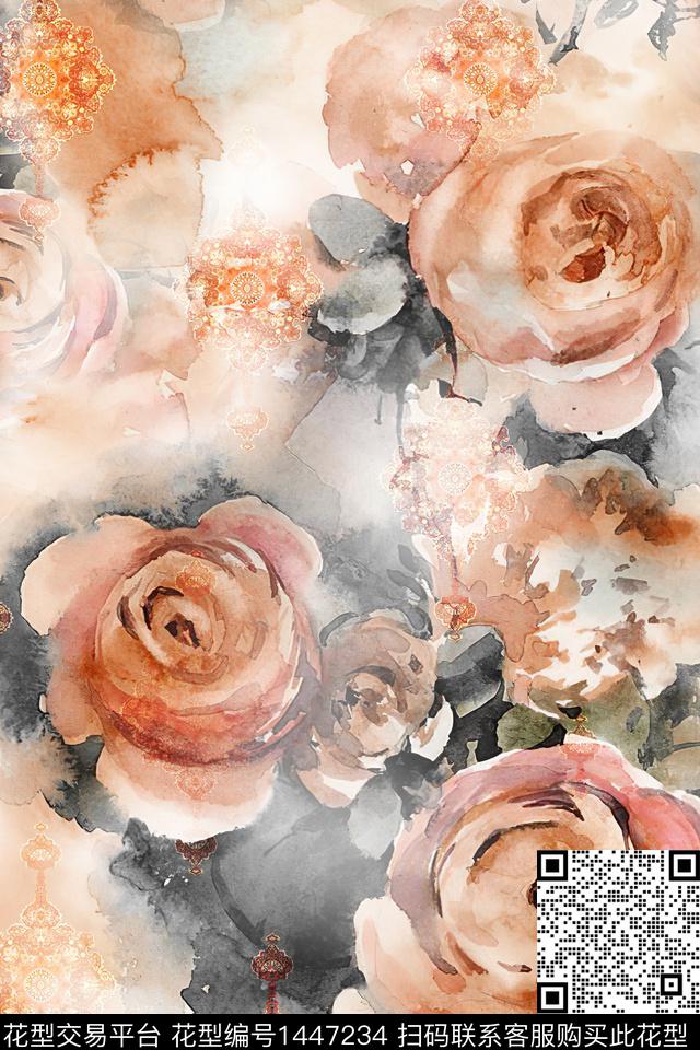 水彩肌理抽象花卉数码印花华亿平台下载（图片编号: 1447234） - 瓦栏（Walan）