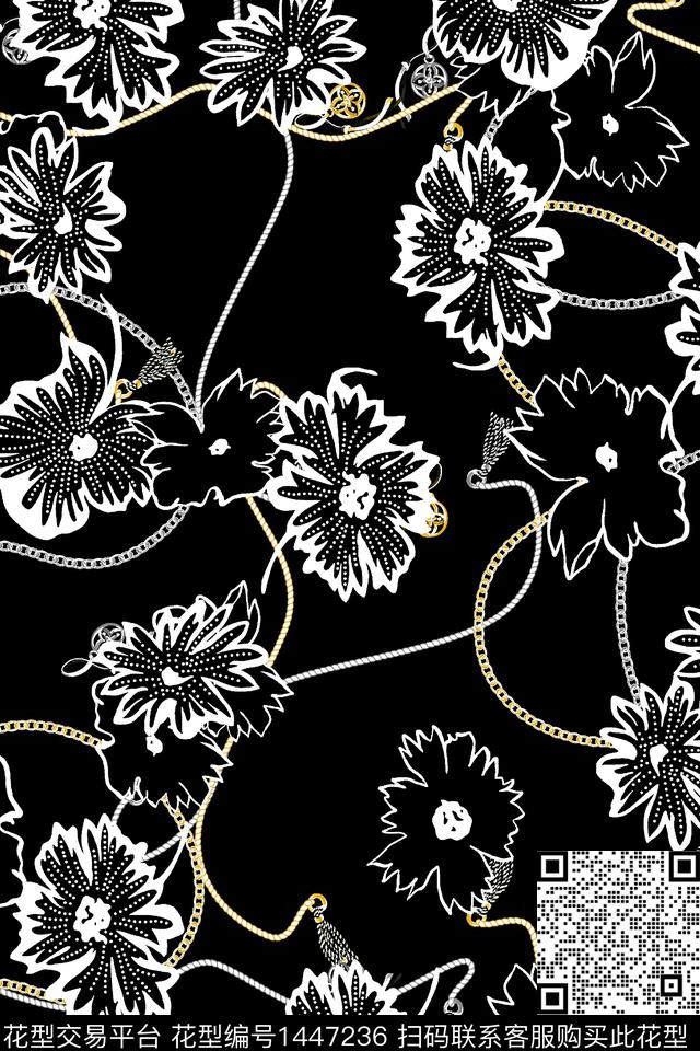 黑底花卉复古花卉数码印花华亿平台下载（图片编号: 1447236） - 瓦栏（Walan）