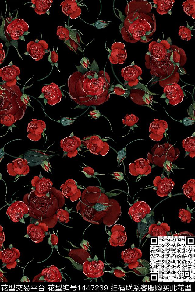 黑底花卉复古花卉数码印花华亿平台下载（图片编号: 1447239） - 瓦栏（Walan）