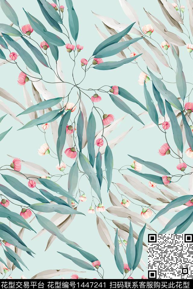 绿植树叶清爽底花卉复古数码印花华亿平台下载（图片编号: 1447241） - 瓦栏（Walan）