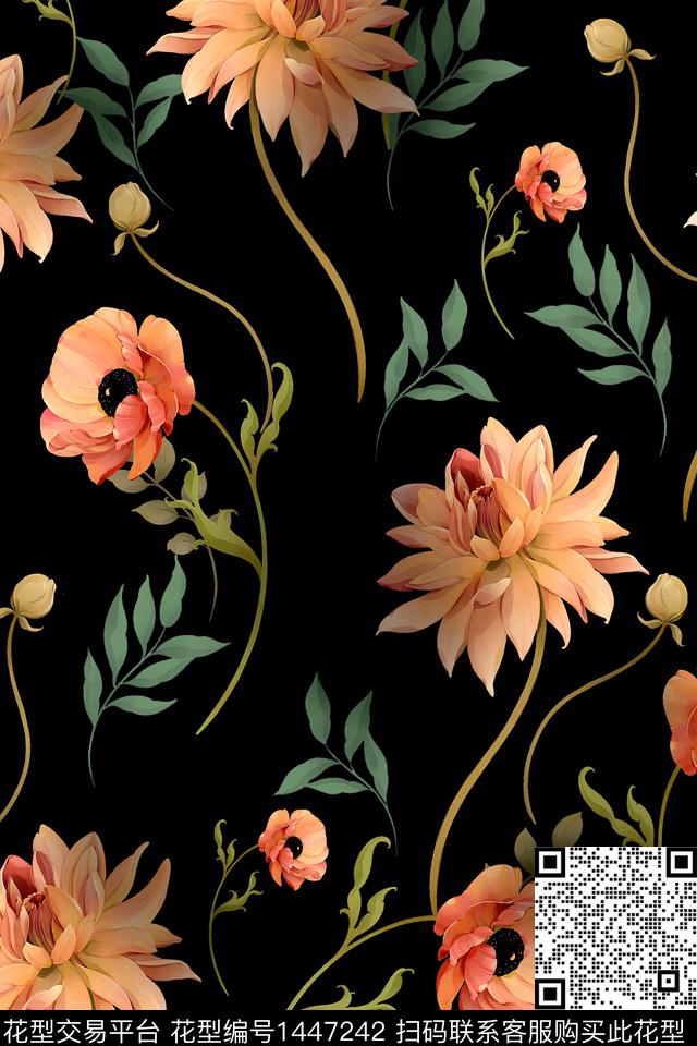 黑底花卉复古花卉数码印花华亿平台下载（图片编号: 1447242） - 瓦栏（Walan）