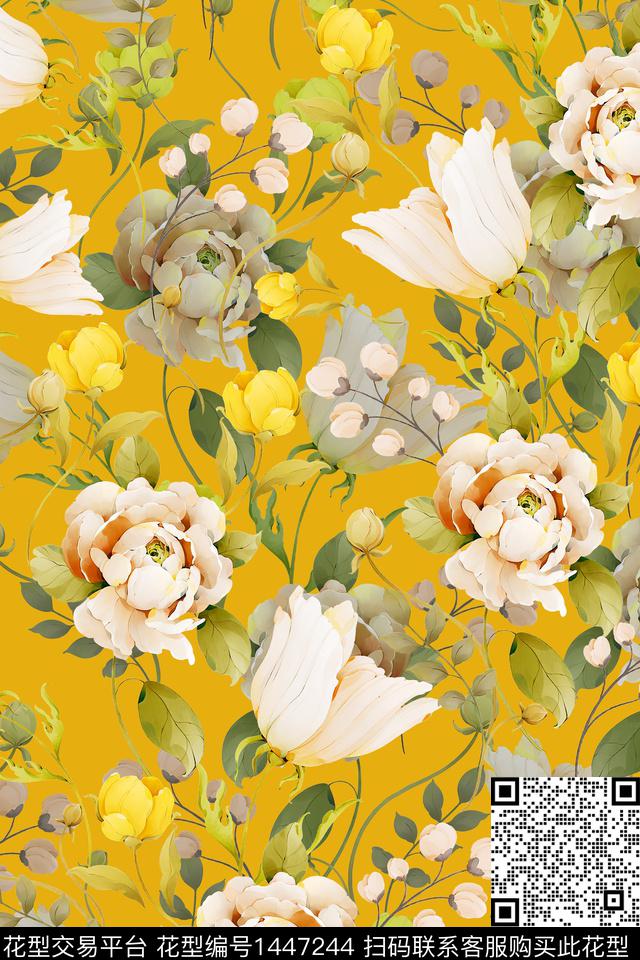 绿植树叶清爽底花卉复古数码印花华亿平台下载（图片编号: 1447244） - 瓦栏（Walan）