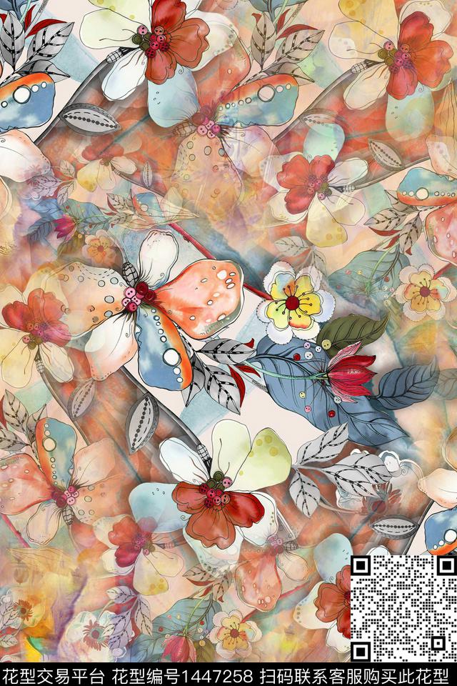 肌理抽象花卉香云纱数码印花华亿平台下载（图片编号: 1447258） - 瓦栏（Walan）