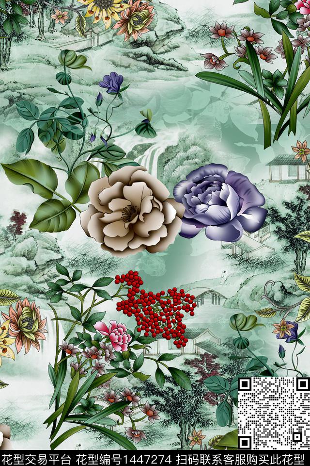 时尚花卉真丝数码印花华亿平台下载（图片编号: 1447274） - 瓦栏（Walan）