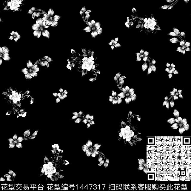 花卉小碎花黑底花卉传统印花华亿平台下载（图片编号: 1447317） - 瓦栏（Walan）