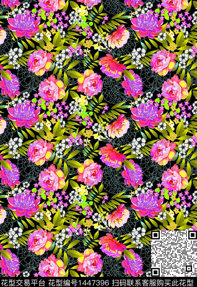 手绘大花牡丹绿植树叶数码印花华亿平台下载（图片编号: 1447396） - 瓦栏（Walan）