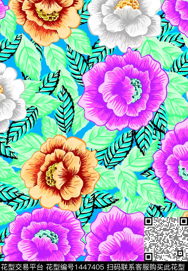 手绘大花牡丹棕榈树数码印花华亿平台下载（图片编号: 1447405） - 瓦栏（Walan）