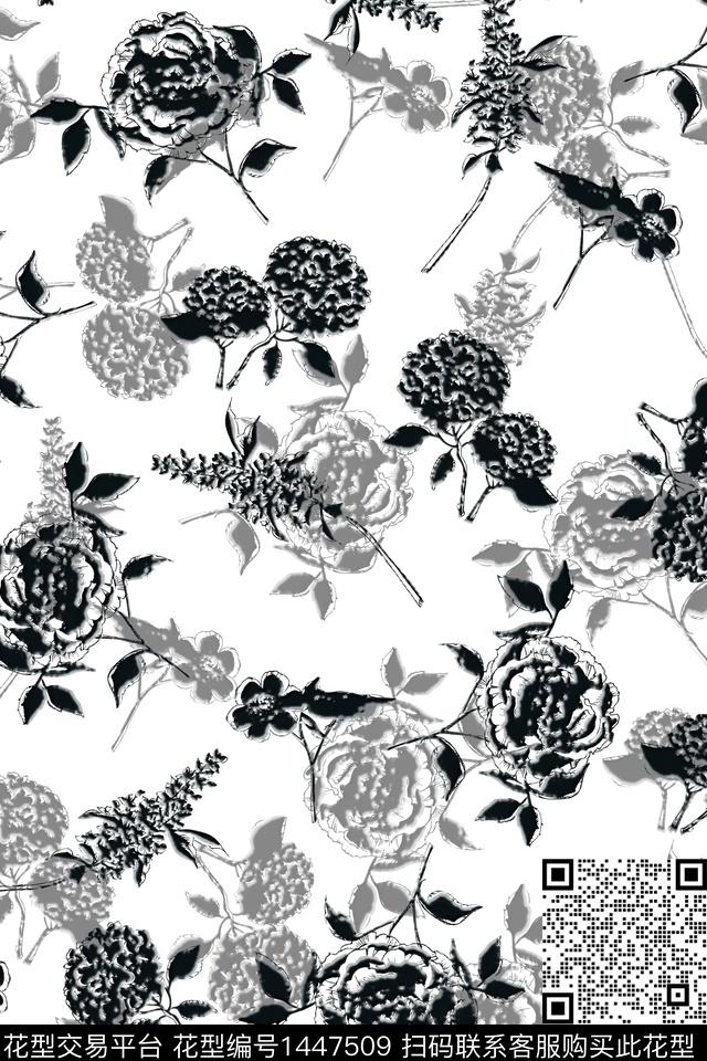 黑白华亿平台花卉大牌风数码印花华亿平台下载（图片编号: 1447509） - 瓦栏（Walan）
