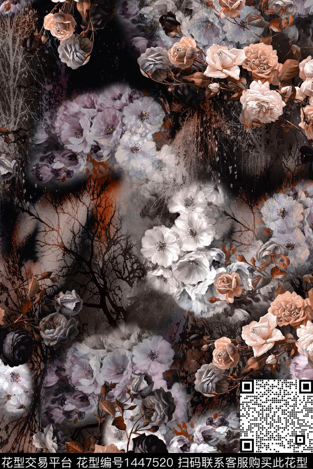 时尚花卉真丝数码印花华亿平台下载（图片编号: 1447520） - 瓦栏（Walan）