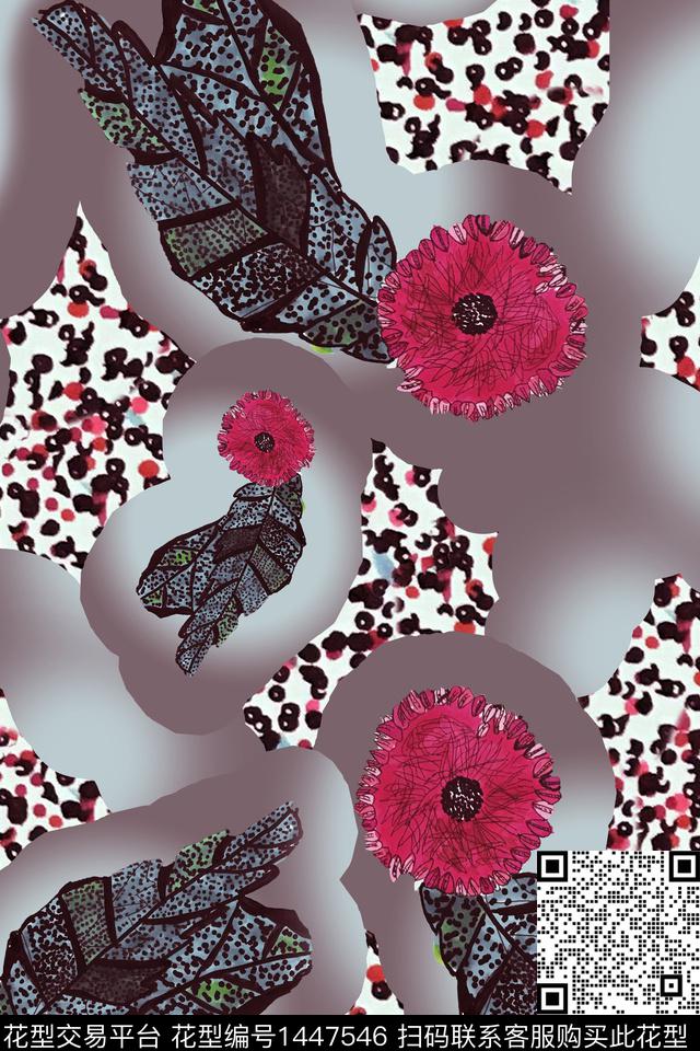 旗袍抽象手绘花卉数码印花华亿平台下载（图片编号: 1447546） - 瓦栏（Walan）
