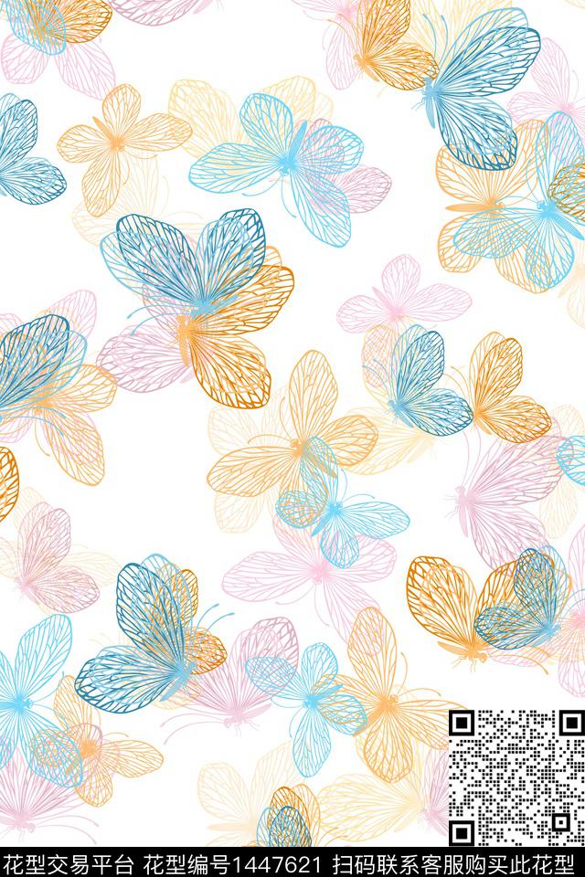 线条花卉蝴蝶大牌风数码印花华亿平台下载（图片编号: 1447621） - 瓦栏（Walan）