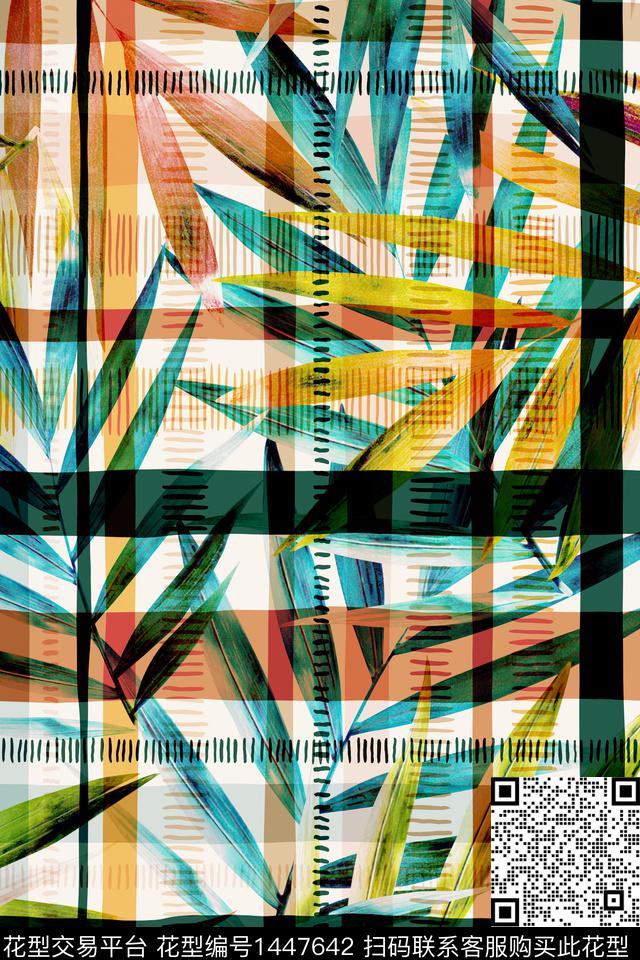 格子几何绿植树叶数码印花华亿平台下载（图片编号: 1447642） - 瓦栏（Walan）